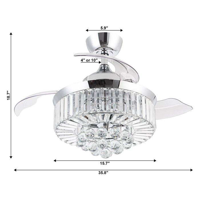 36" Broxburne Modern Chrome Downrod Mount Crystal Ceiling Fan with Lighting and Remote Control - Sweatfully