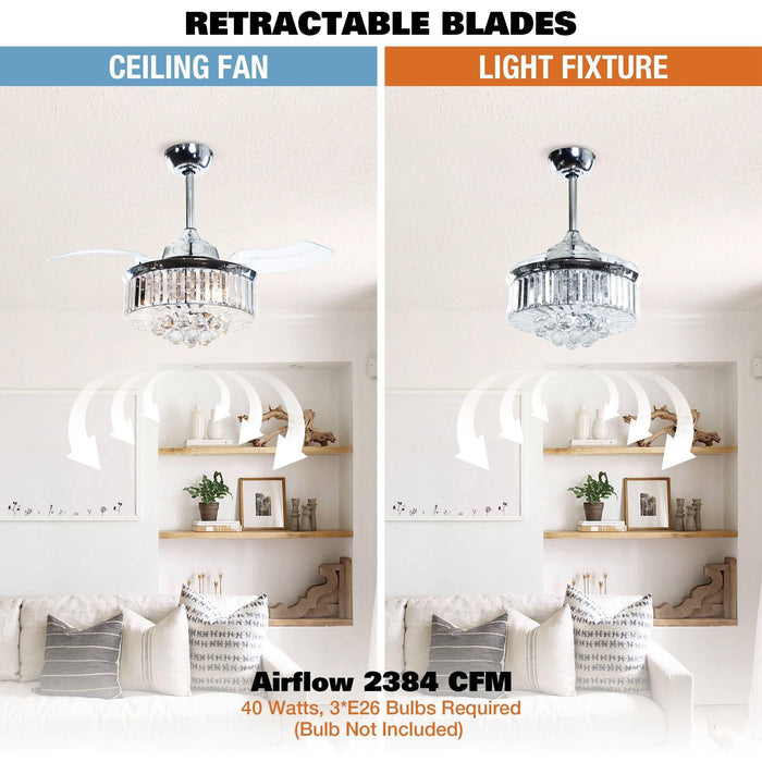 36" Broxburne Modern Chrome Downrod Mount Crystal Ceiling Fan with Lighting and Remote Control - Sweatfully