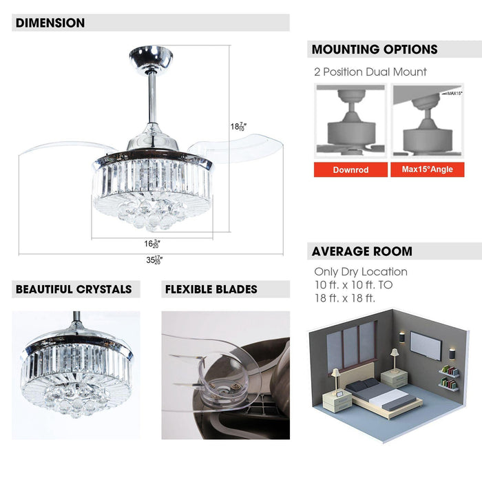 36" Broxburne Modern Chrome Downrod Mount Crystal Ceiling Fan with Lighting and Remote Control - Sweatfully