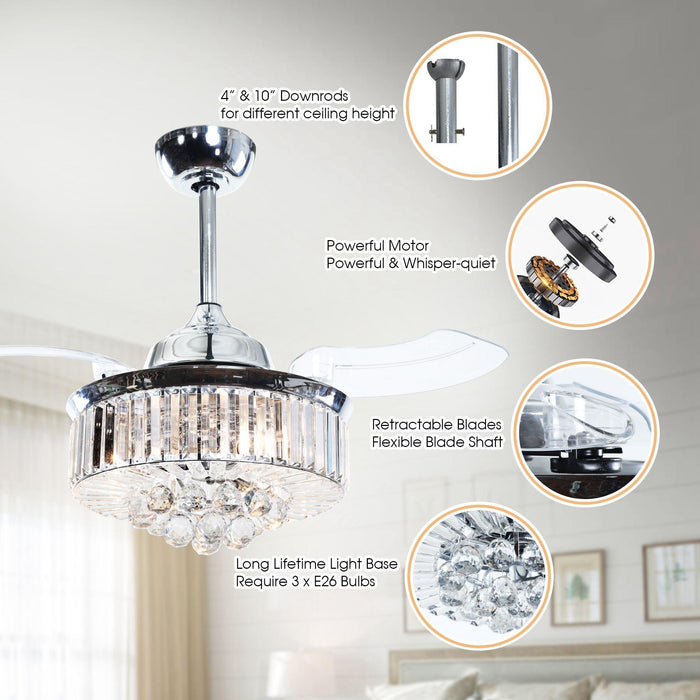 36" Broxburne Modern Chrome Downrod Mount Crystal Ceiling Fan with Lighting and Remote Control - Sweatfully