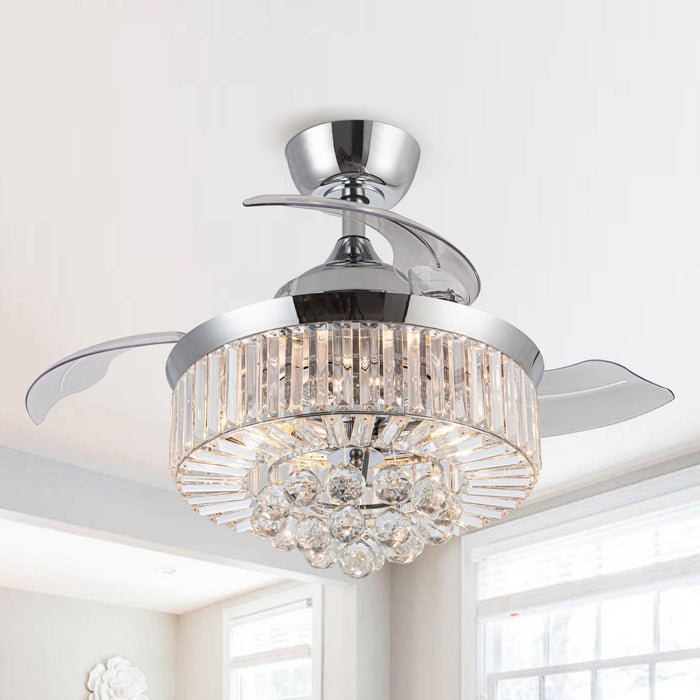 36" Broxburne Modern Chrome Downrod Mount Crystal Ceiling Fan with Lighting and Remote Control - Sweatfully