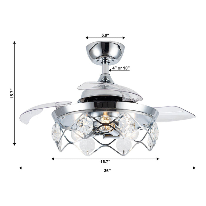 36" Broxburne Modern Chrome Downrod Mount Crystal Ceiling Fan with Lighting and Remote Control - Sweatfully