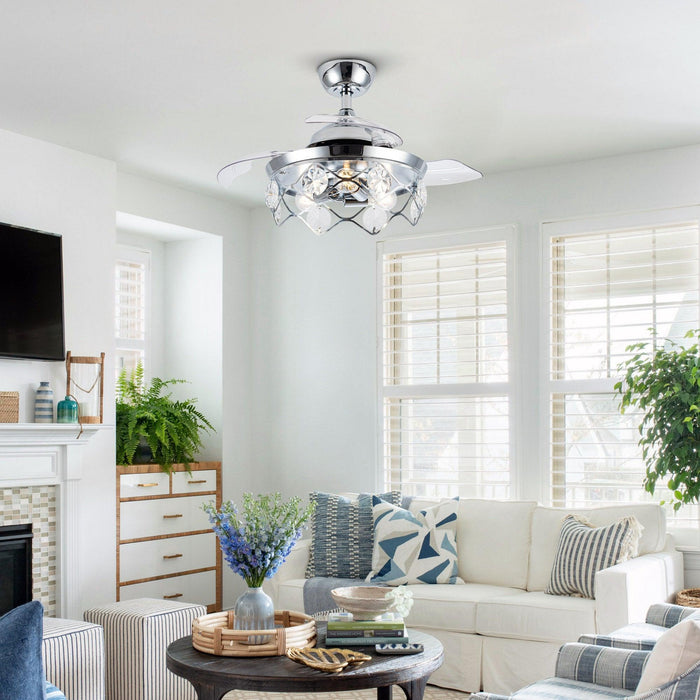 36" Broxburne Modern Chrome Downrod Mount Crystal Ceiling Fan with Lighting and Remote Control - Sweatfully