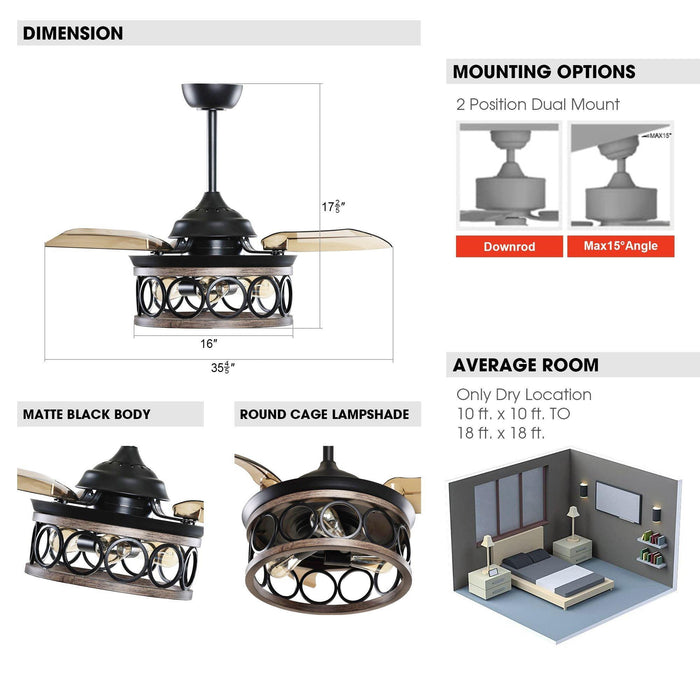 36" Mirelle Farmhouse Downrod Mount Ceiling Fan with Lighting and Remote Control - Sweatfully