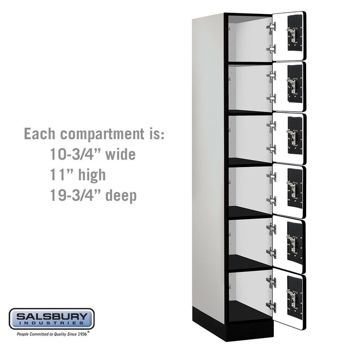 Salsbury 12" Wide Six Tier Box Style Designer Wood Locker - 1 Wide - 6 Feet High - 21 Inches Deep - Gray - Black Resettable Combination Locks - Sweatfully