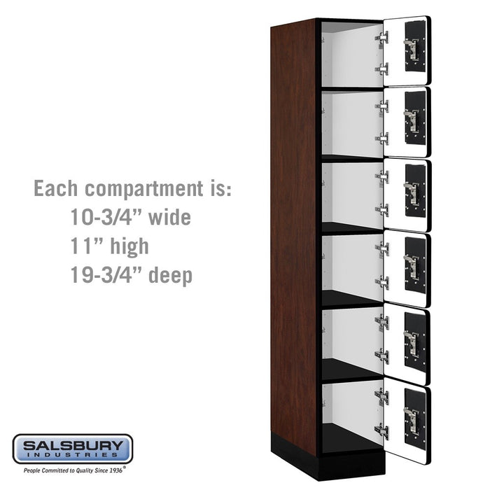 Salsbury 12" Wide Six Tier Box Style Designer Wood Locker - 1 Wide - 6 Feet High - 21 Inches Deep - Mahogany - Black Resettable Combination Locks - Sweatfully