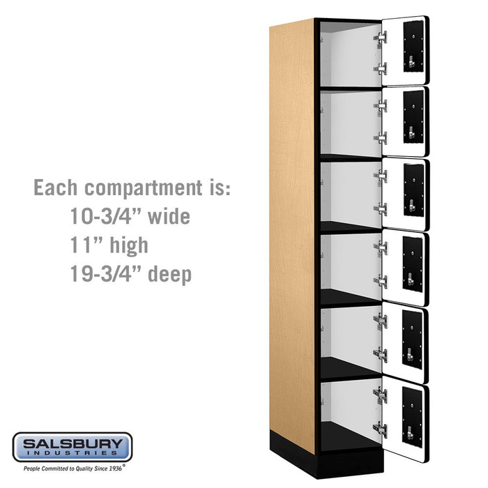 Salsbury 12" Wide Six Tier Box Style Designer Wood Locker - 1 Wide - 6 Feet High - 21 Inches Deep - Maple - Black Electronic Locks - Sweatfully