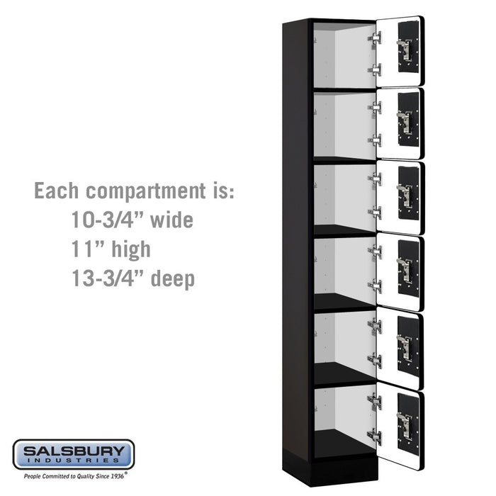 Salsbury 12" Wide Six Tier Box Style Designer Wood Locker - 1 Wide - 6 Feet High - 15 Inches Deep - Black - Black Resettable Combination Locks - Sweatfully