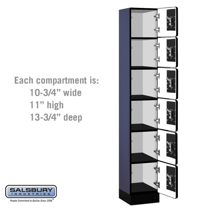Salsbury 12" Wide Six Tier Box Style Designer Wood Locker - 1 Wide - 6 Feet High - 15 Inches Deep - Blue - Silver Resettable Combination Locks - Sweatfully
