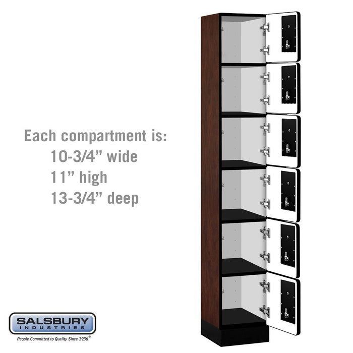 Salsbury 12" Wide Six Tier Box Style Designer Wood Locker - 1 Wide - 6 Feet High - 15 Inches Deep - Mahogany - Black Electronic Locks - Sweatfully