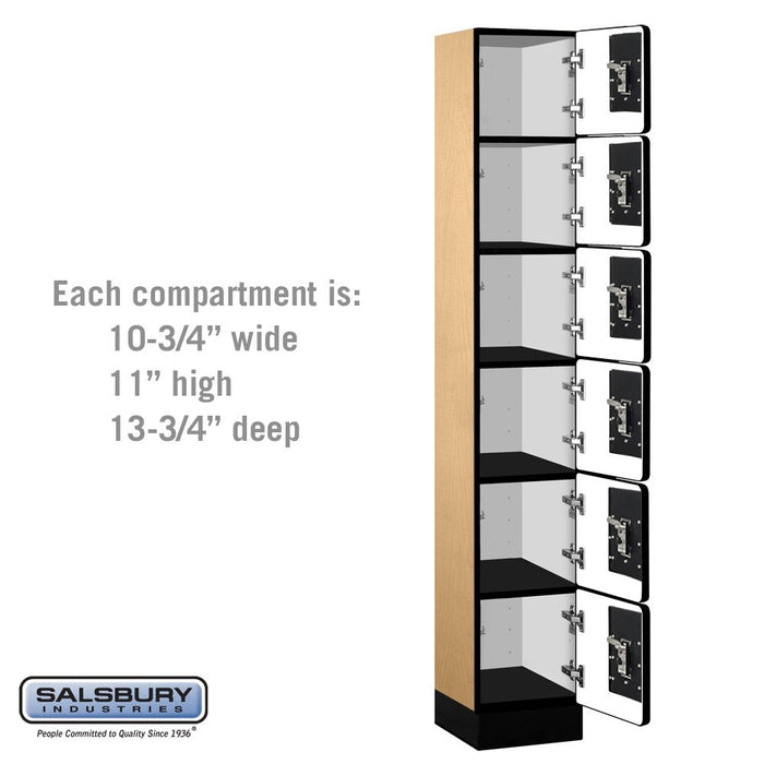 Salsbury 12" Wide Six Tier Box Style Designer Wood Locker - 1 Wide - 6 Feet High - 15 Inches Deep - Maple - Black Resettable Combination Locks - Sweatfully