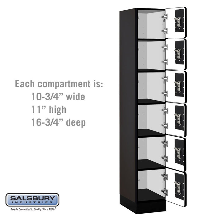 Salsbury 12" Wide Six Tier Box Style Designer Wood Locker - 1 Wide - 6 Feet High - 18 Inches Deep - Black - Black Resettable Combination Locks - Sweatfully
