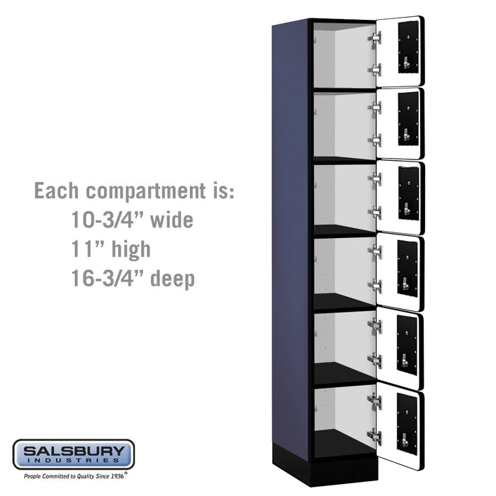 Salsbury 12" Wide Six Tier Box Style Designer Wood Locker - 1 Wide - 6 Feet High - 18 Inches Deep - Blue - Black Electronic Locks - Sweatfully