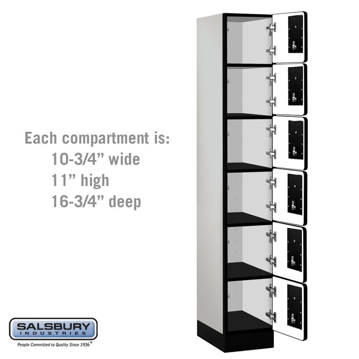Salsbury 12" Wide Six Tier Box Style Designer Wood Locker - 1 Wide - 6 Feet High - 18 Inches Deep - Gray - Black Electronic Locks - Sweatfully