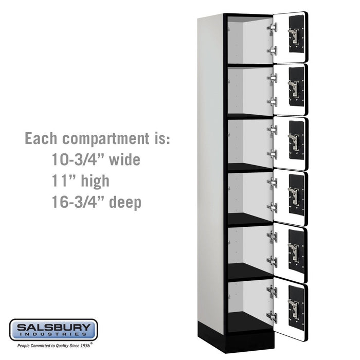 Salsbury 12" Wide Six Tier Box Style Designer Wood Locker - 1 Wide - 6 Feet High - 18 Inches Deep - Gray - Black Resettable Combination Locks - Sweatfully