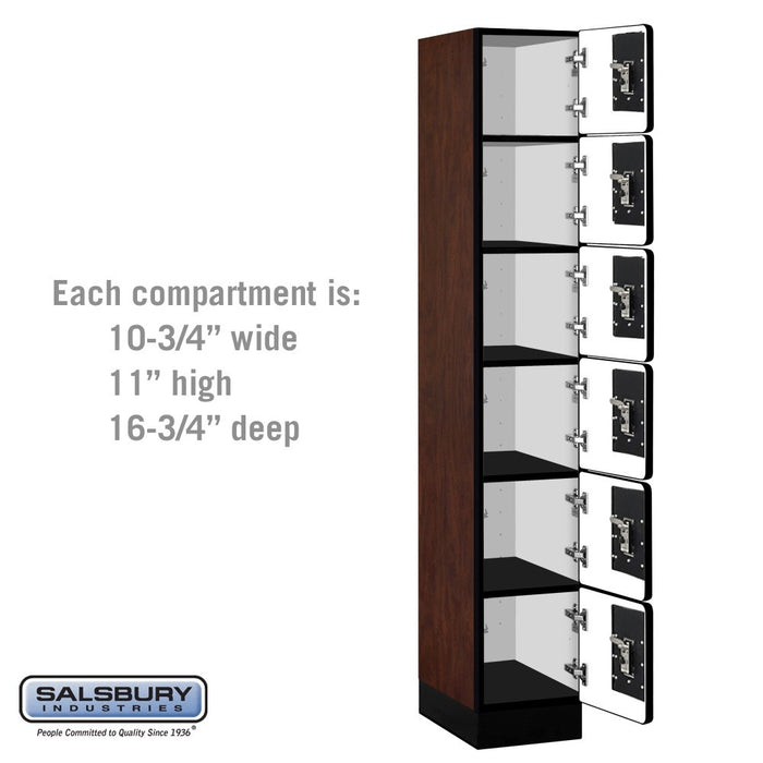 Salsbury 12" Wide Six Tier Box Style Designer Wood Locker - 1 Wide - 6 Feet High - 18 Inches Deep - Mahogany - Black Resettable Combination Locks - Sweatfully