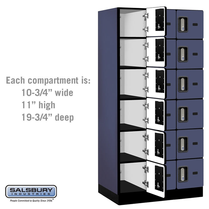 Salsbury 12" Wide Six Tier Box Style Designer Wood Locker - 3 Wide - 6 Feet High - 21 Inches Deep - Blue - Silver Electronic Locks - Sweatfully