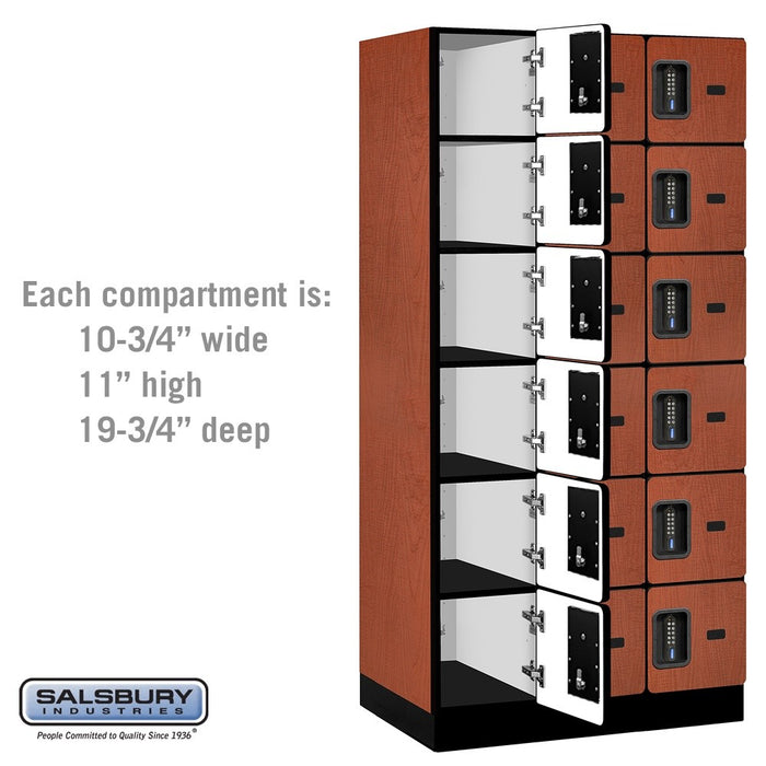 Salsbury 12" Wide Six Tier Box Style Designer Wood Locker - 3 Wide - 6 Feet High - 21 Inches Deep - Cherry - Black Electronic Locks - Sweatfully