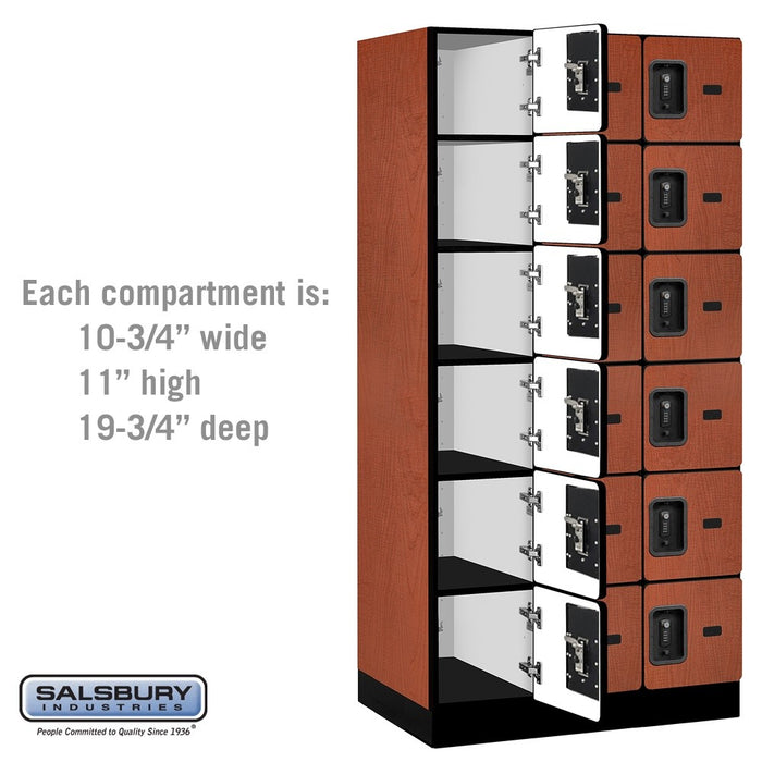Salsbury 12" Wide Six Tier Box Style Designer Wood Locker - 3 Wide - 6 Feet High - 21 Inches Deep - Cherry - Black Resettable Combination Locks - Sweatfully
