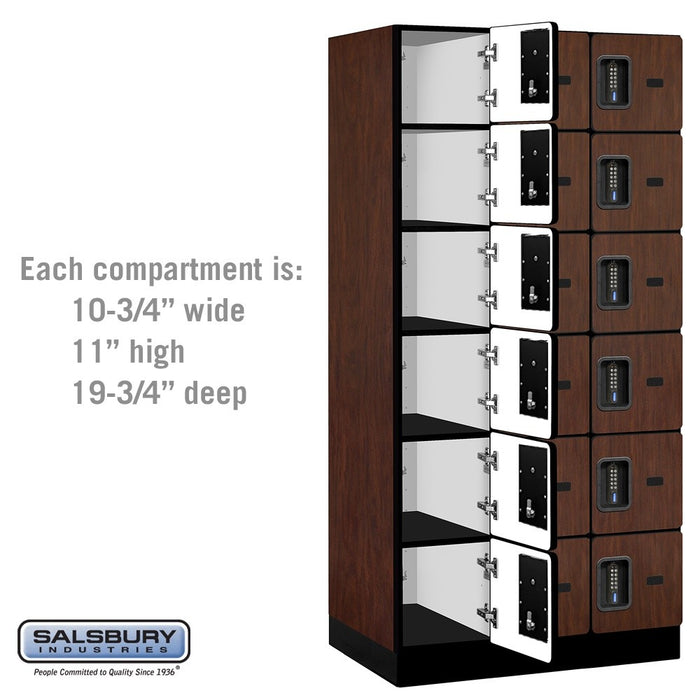 Salsbury 12" Wide Six Tier Box Style Designer Wood Locker - 3 Wide - 6 Feet High - 21 Inches Deep - Mahogany - Black Electronic Locks - Sweatfully