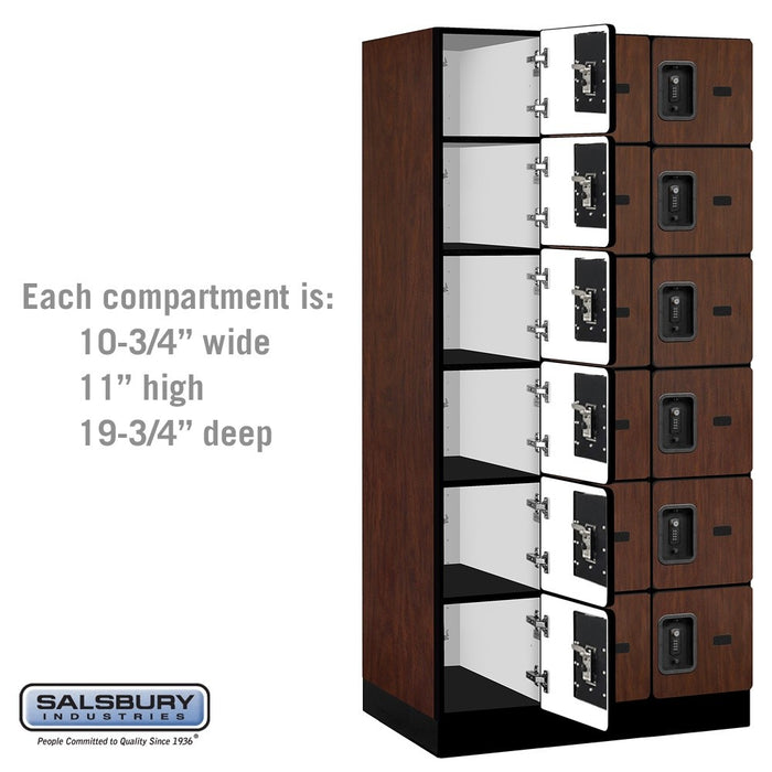 Salsbury 12" Wide Six Tier Box Style Designer Wood Locker - 3 Wide - 6 Feet High - 21 Inches Deep - Mahogany - Black Resettable Combination Locks - Sweatfully