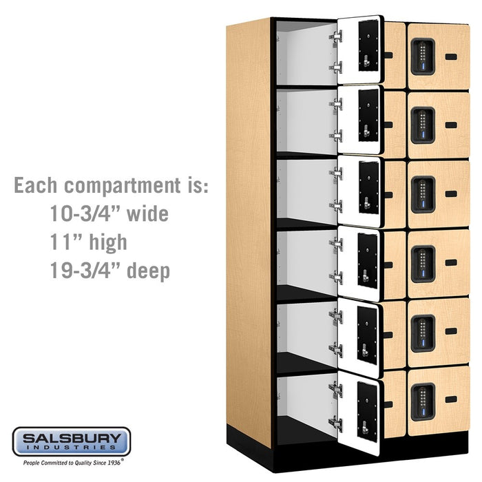 Salsbury 12" Wide Six Tier Box Style Designer Wood Locker - 3 Wide - 6 Feet High - 21 Inches Deep - Maple - Black Electronic Locks - Sweatfully