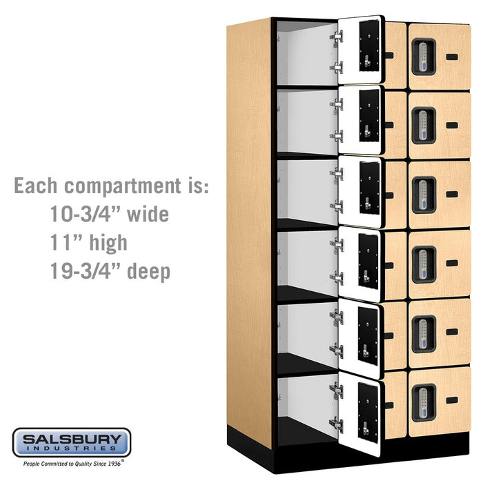 Salsbury 12" Wide Six Tier Box Style Designer Wood Locker - 3 Wide - 6 Feet High - 21 Inches Deep - Maple - Silver Electronic Locks - Sweatfully
