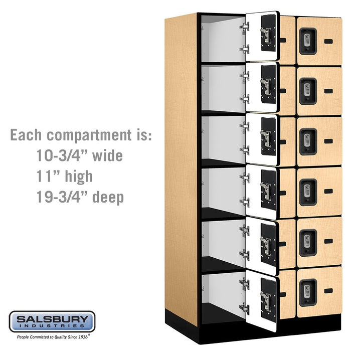 Salsbury 12" Wide Six Tier Box Style Designer Wood Locker - 3 Wide - 6 Feet High - 21 Inches Deep - Maple - Silver Resettable Combination Locks - Sweatfully