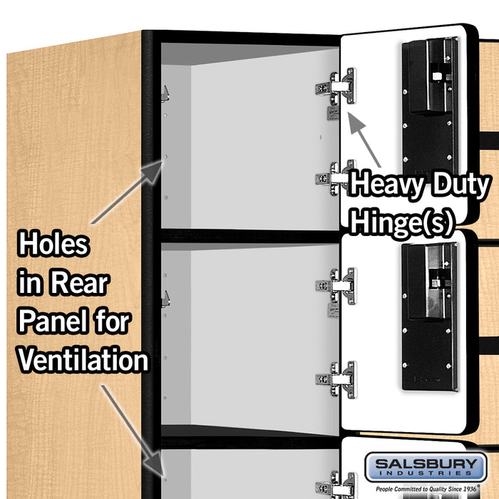 Salsbury 12" Wide Six Tier Box Style Designer Wood Locker - 3 Wide - 6 Feet High - 21 Inches Deep - Maple - Hasps - Sweatfully