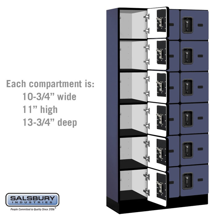Salsbury 12" Wide Six Tier Box Style Designer Wood Locker - 3 Wide - 6 Feet High - 15 Inches Deep - Blue - Black Resettable Combination Locks - Sweatfully