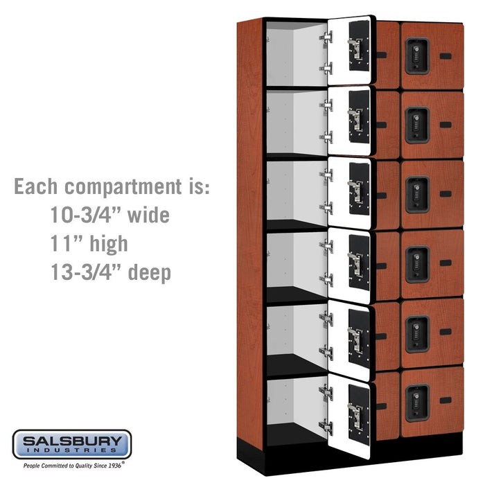 Salsbury 12" Wide Six Tier Box Style Designer Wood Locker - 3 Wide - 6 Feet High - 15 Inches Deep - Cherry - Black Resettable Combination Locks - Sweatfully