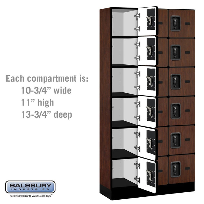 Salsbury 12" Wide Six Tier Box Style Designer Wood Locker - 3 Wide - 6 Feet High - 15 Inches Deep - Mahogany - Black Resettable Combination Locks - Sweatfully