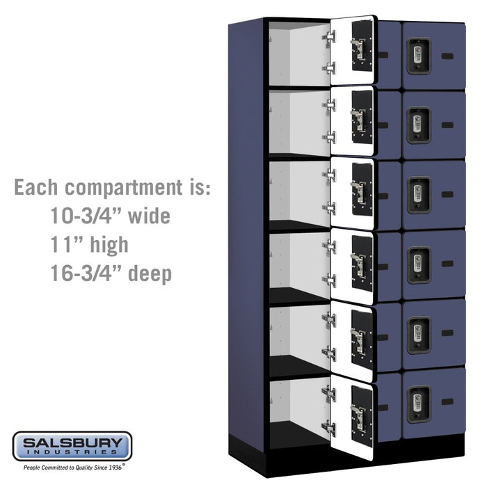 Salsbury 12" Wide Six Tier Box Style Designer Wood Locker - 3 Wide - 6 Feet High - 18 Inches Deep - Blue - Silver Resettable Combination Locks - Sweatfully
