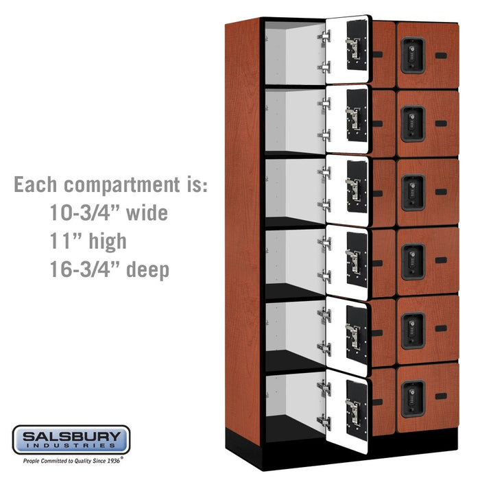 Salsbury 12" Wide Six Tier Box Style Designer Wood Locker - 3 Wide - 6 Feet High - 18 Inches Deep - Cherry - Black Resettable Combination Locks - Sweatfully