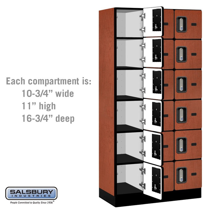 Salsbury 12" Wide Six Tier Box Style Designer Wood Locker - 3 Wide - 6 Feet High - 18 Inches Deep - Cherry - Silver Electronic Locks - Sweatfully
