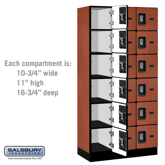 Salsbury 12" Wide Six Tier Box Style Designer Wood Locker - 3 Wide - 6 Feet High - 18 Inches Deep - Cherry - Silver Resettable Combination Locks - Sweatfully