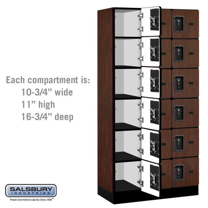 Salsbury 12" Wide Six Tier Box Style Designer Wood Locker - 3 Wide - 6 Feet High - 18 Inches Deep - Mahogany - Black Resettable Combination Locks - Sweatfully
