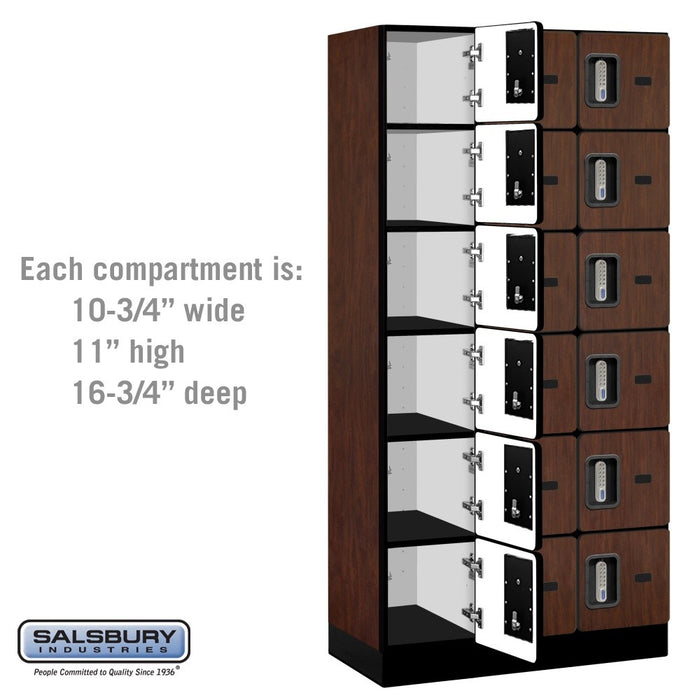 Salsbury 12" Wide Six Tier Box Style Designer Wood Locker - 3 Wide - 6 Feet High - 18 Inches Deep - Mahogany - Silver Electronic Locks - Sweatfully