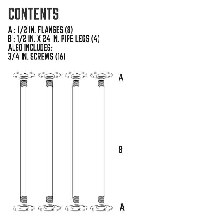 1/2 in. x 24 in. Round Flange Pipe Table Legs - 4 Pack - Sweatfully