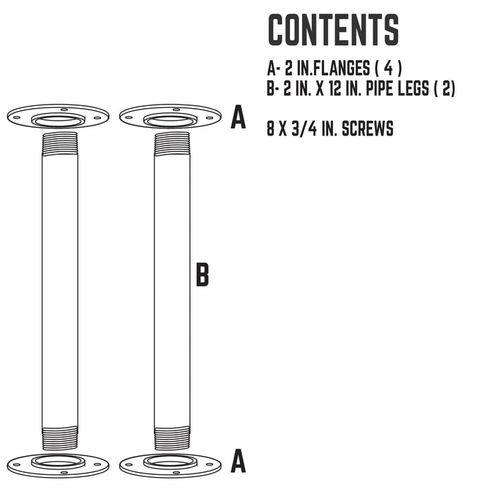 2 in. x 12 in. Round Flange Pipe Table Legs - 2 Pack - Sweatfully