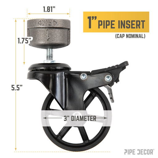 Swivel Caster Wheels for  1” Pipe with Locking Mechanism (4-Pack) - Sweatfully