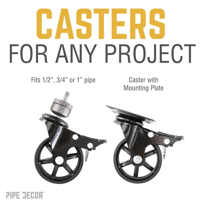 Swivel Caster Wheels for  ¾” Pipe with Locking Mechanism (4-Pack) - Sweatfully