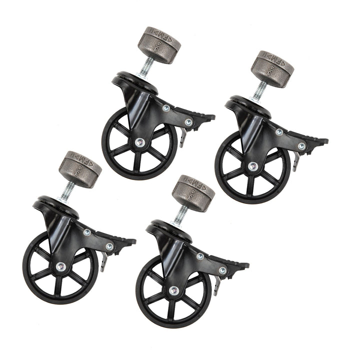 Swivel Caster Wheels for  ¾” Pipe with Locking Mechanism (4-Pack) - Sweatfully