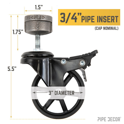 Swivel Caster Wheels for  ¾” Pipe with Locking Mechanism (4-Pack) - Sweatfully