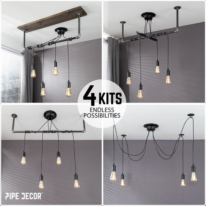 Black Spider Pendant Light Kit with Pipe Bar Hanging Accessory and 4 Adjustable Arms - Sweatfully