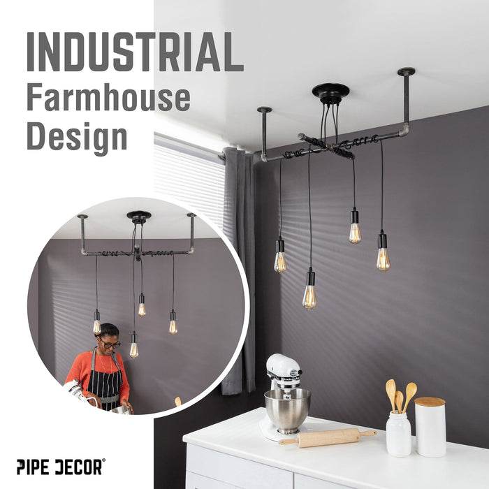 Black Spider Pendant Light Kit with Pipe Cross Hanging Accessory and 4 Adjustable Arms - Sweatfully