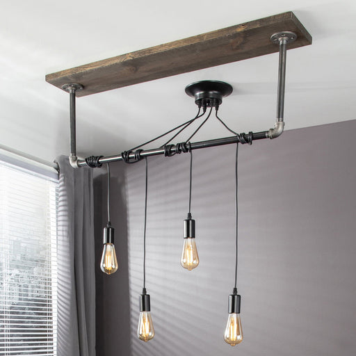 Black Spider Pendant Light Kit with Wood and Pipe Bar Hanging Accessory and 4 Adjustable Arms - Sweatfully