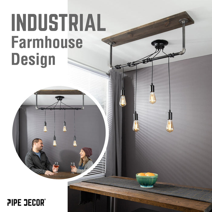 Black Spider Pendant Light Kit with Wood and Pipe Bar Hanging Accessory and 4 Adjustable Arms - Sweatfully