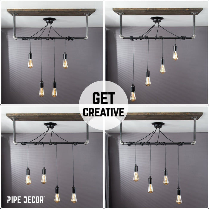 Black Spider Pendant Light Kit with Wood and Pipe Bar Hanging Accessory and 4 Adjustable Arms - Sweatfully
