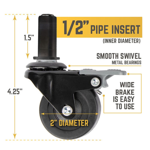 Swivel Caster Wheels for ½" Pipe (4-Pack) - Sweatfully
